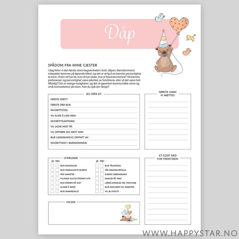 Spådomsark generisk dåp (jente)