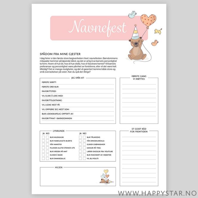 Hovedbilde Spådomsark navnefest DIGITAL PDF (jente)