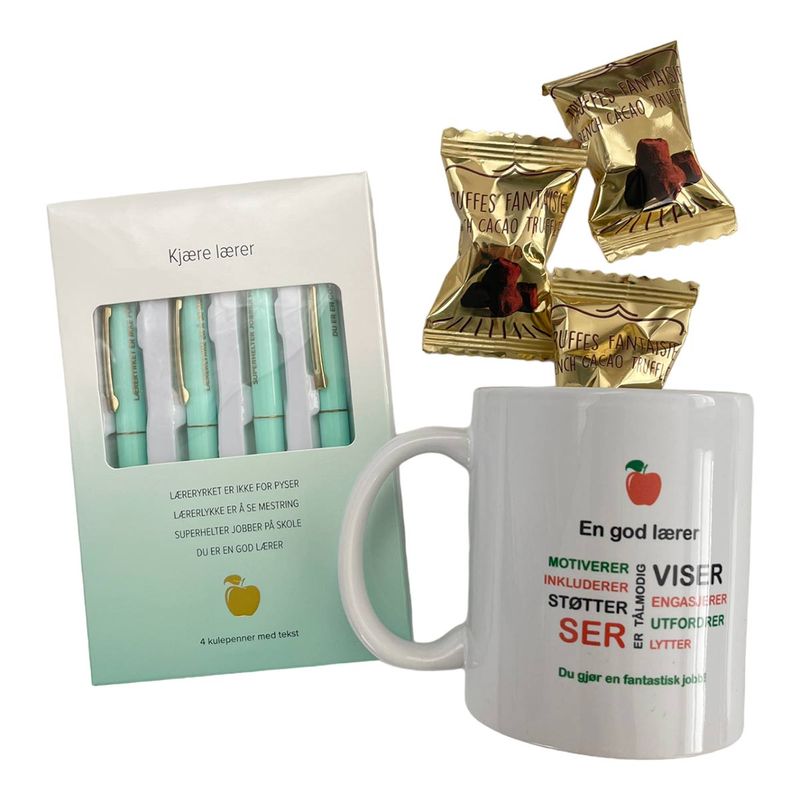 Gavepakke til lærer med kopp, kulepenner og trøfler