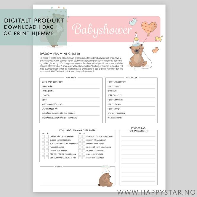Hovedbilde Spådomsark Babyshower (rosa) - Digital PDF