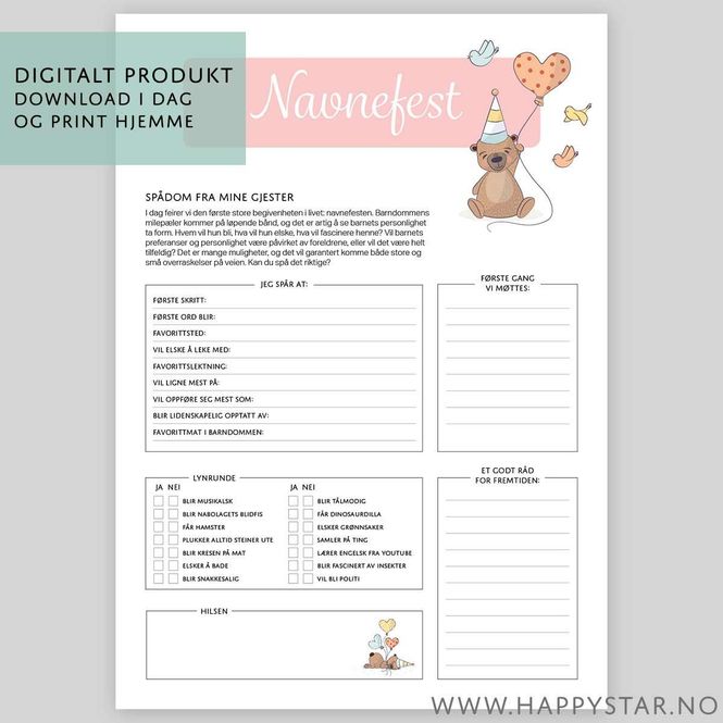 Hovedbilde Spådomsark navnefest (jente) - digital PDF