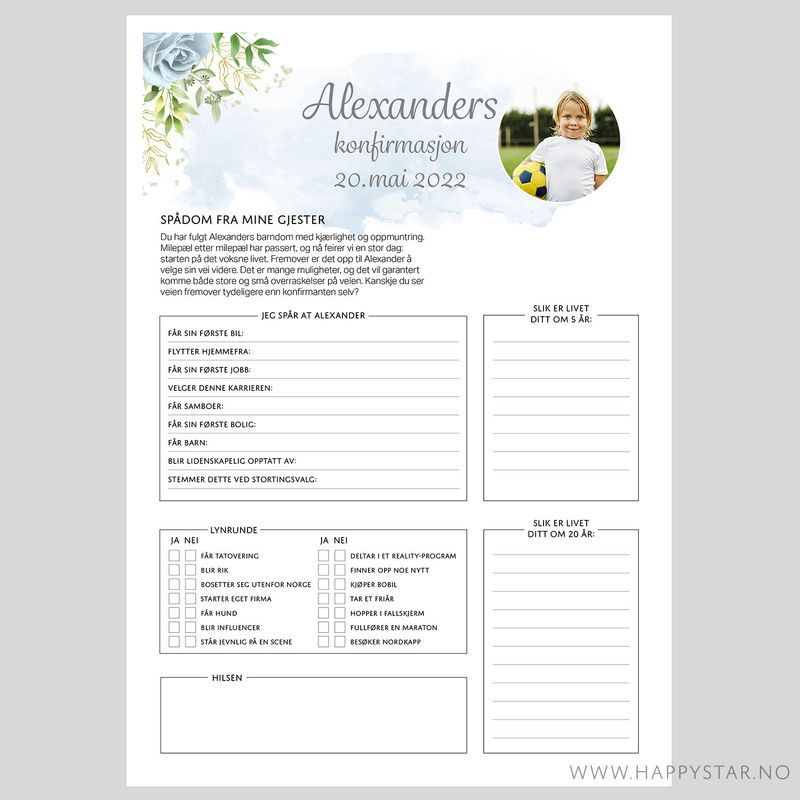 Spådomsark personlig tekst blå blomster