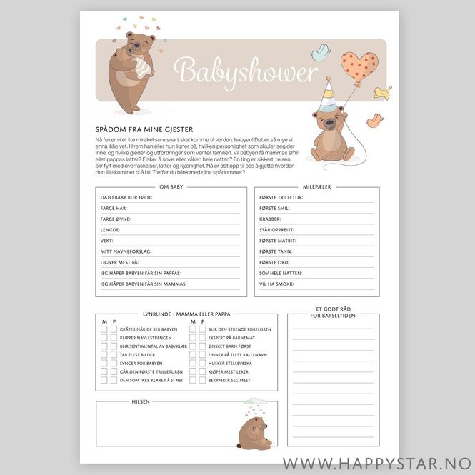 Hovedbilde Spådomsark Babyshower beige