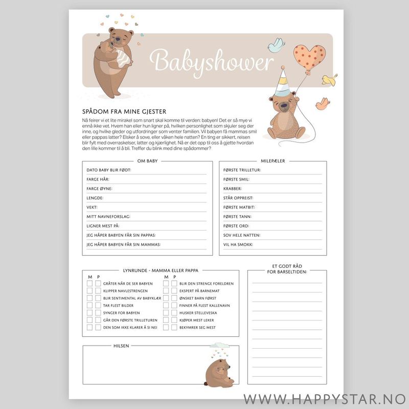 Spådomsark Babyshower beige