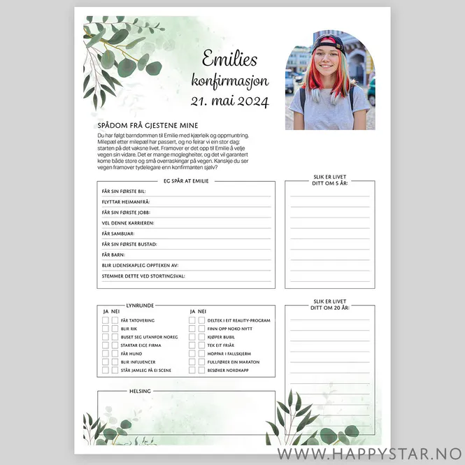 Hovedbilde Nynorsk Spådomsark personlig tekst eukalyptus