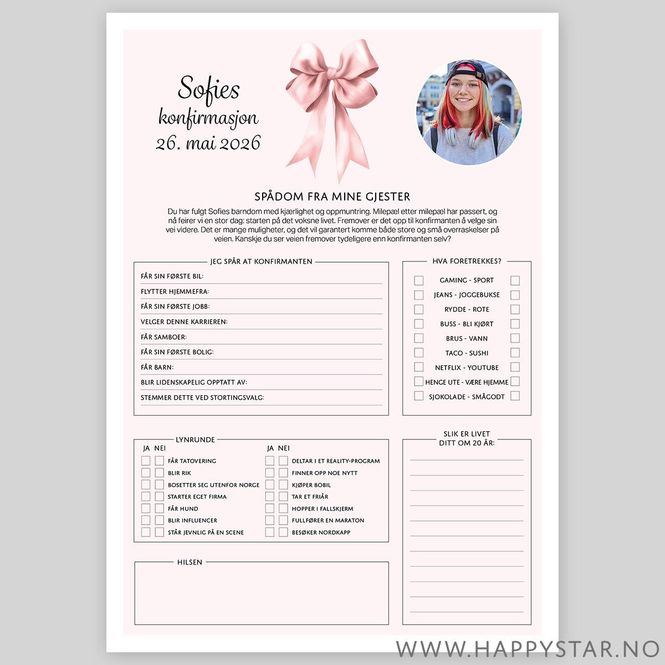 Hovedbilde Spådomsark personlig lyserosa sløyfe